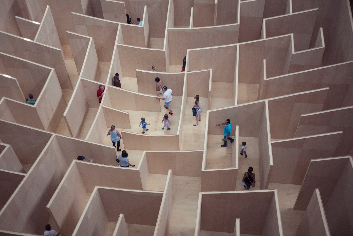 A group of people walking through a maze Description automatically generated